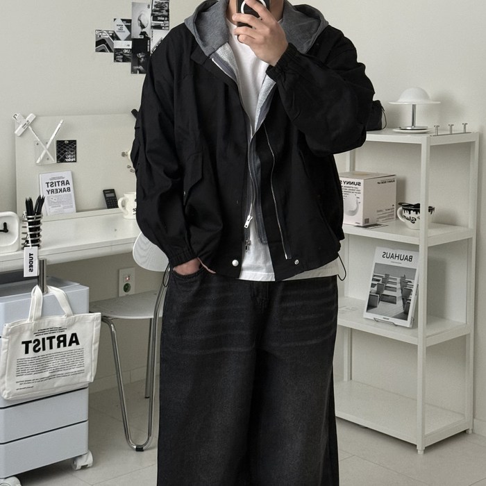 르위 남자 후드집업 면자켓 오버핏 스트링 숏야상 간절기 아우터