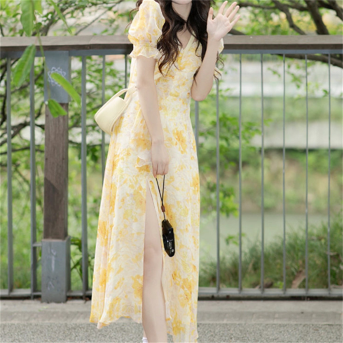 Vezri 여성용 봄 여름 신상   퍼프 소매 슬림핏 디테일 고급스러운 플라워 쉬폰 원피스  SKZ222