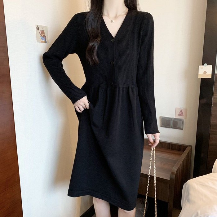 COSYEVNO 여성 니트 원피스 봄 가을 브이넥 패션 루즈핏 긴팔 단추 미디스커트 lyjlyq25