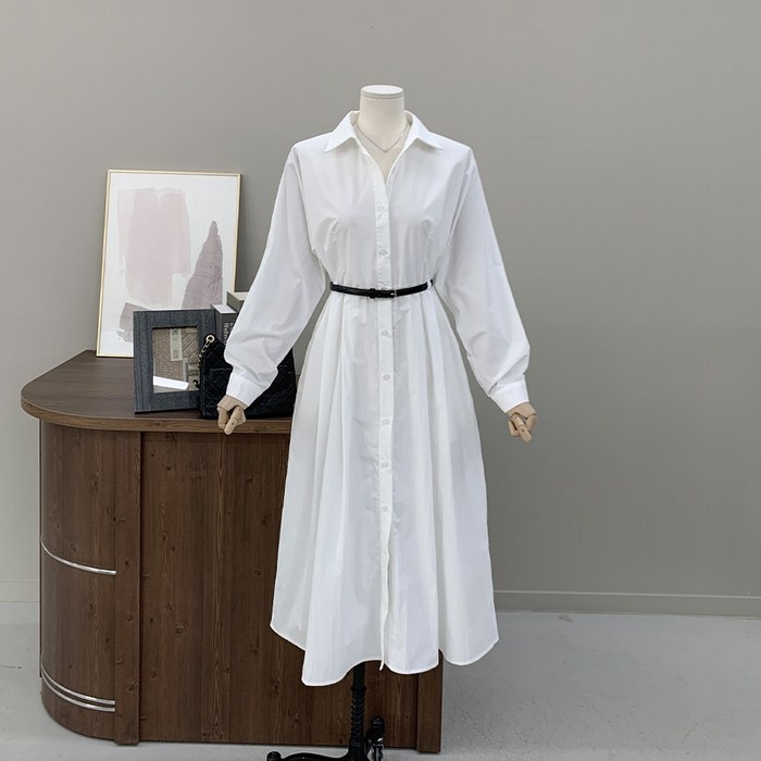 행복여 젠느 벨트 세트 셔츠 카라 플레어 원피스