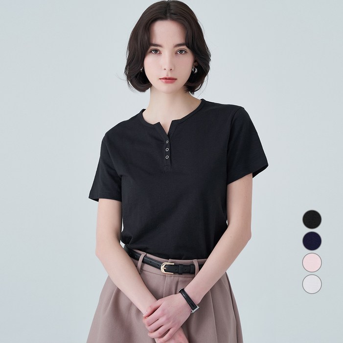 ELLE PARIS 여성용 헨리넥 반팔 티셔츠