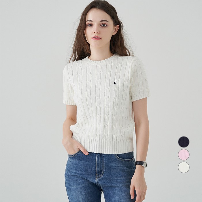 ELLE PARIS 여성용 시그니처 로고 자수 케이블 반팔 니트