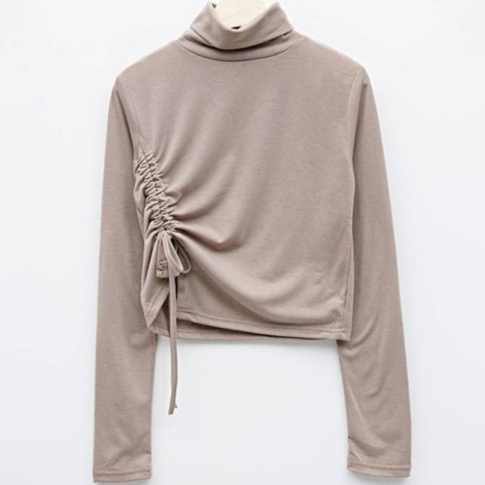 비엔엑스 여성용 기모 셔링 폴라넥 긴팔 티셔츠 BU4TS010L0