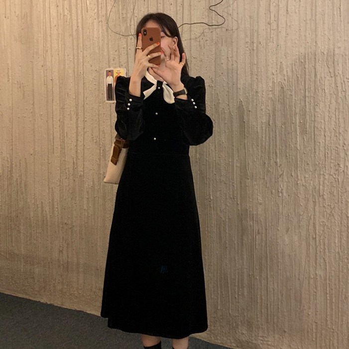 타니즈 여성용 소프트 벨벳 리본타이 연말룩 격식룩 롱원피스