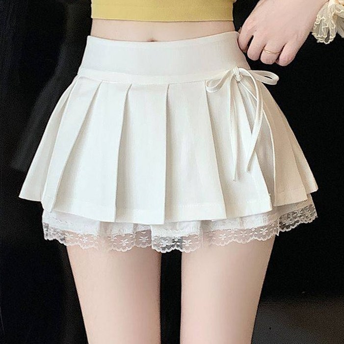 더시럽 여성용 레이스 리본 슬릿 주름 미니 스커트