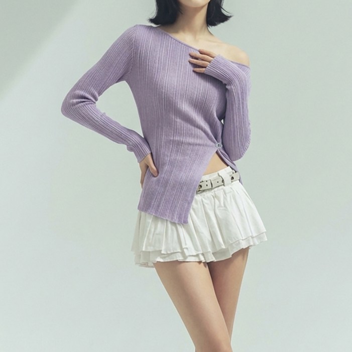 페이퍼먼츠 여성용 듀앤수 오프숄더 골지 랩 트임 긴팔 니트 14038