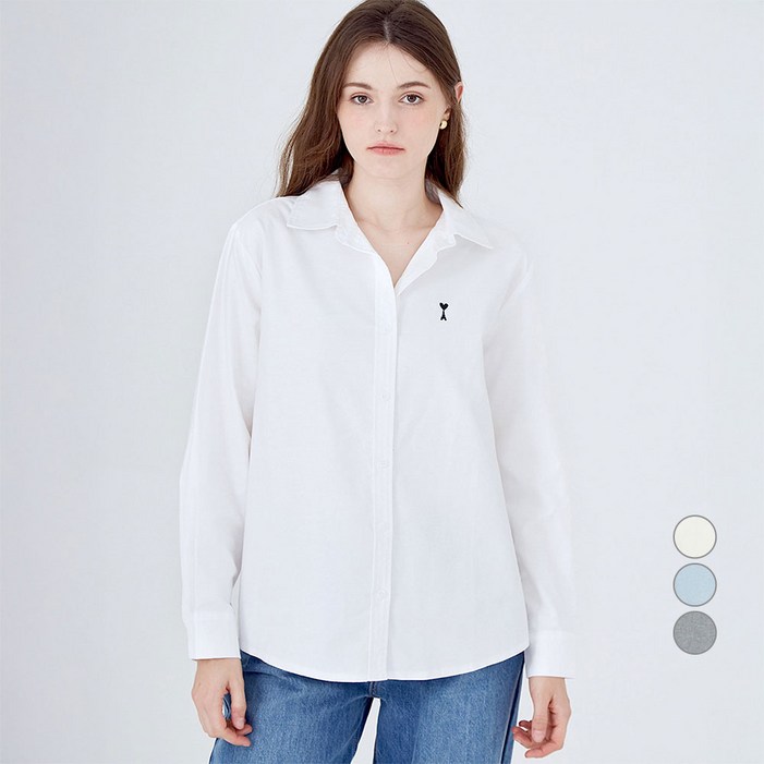 ELLE PARIS 여성용 로고 자수 레귤러핏 옥스포드 셔츠