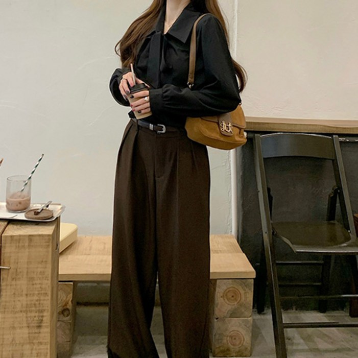 파라다이소 여성용 랜턴 슬리브 타이넥 카라 블라우스