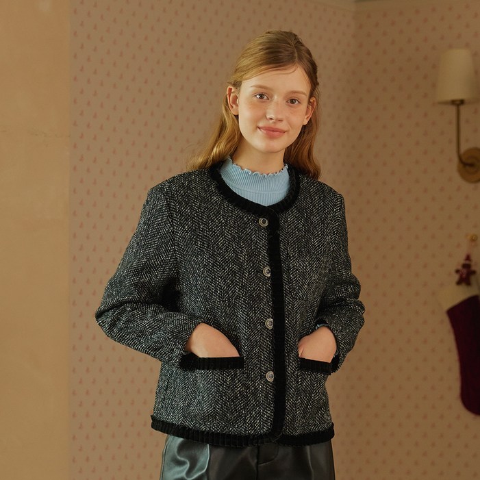 비키 여성용 벨벳 배색 트위드 울자켓 TJJAX2146