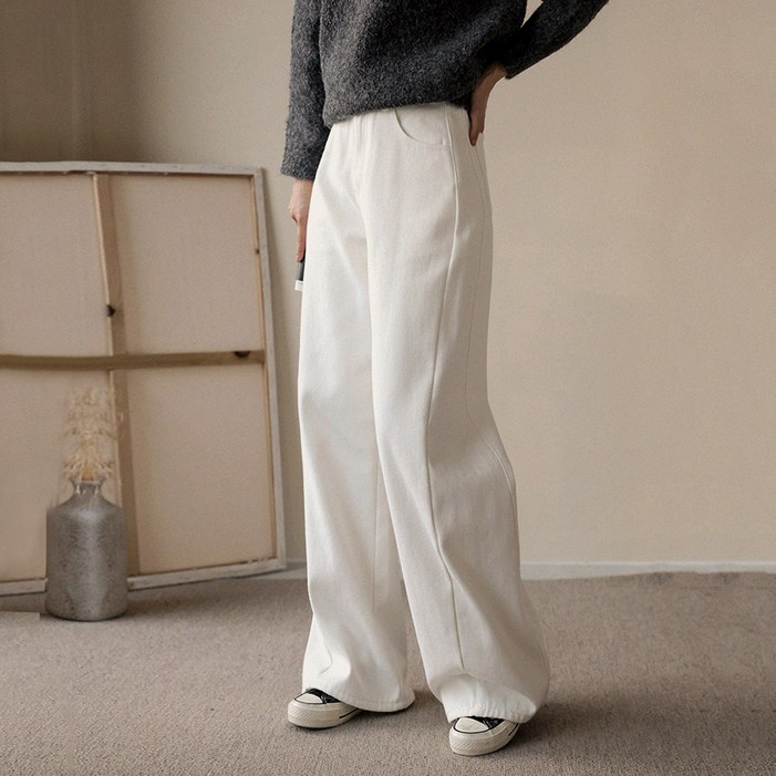 앤드스타일 여성용 롱숏기본 기장 히터진 7탄 본딩 융기모 트윌 코튼 절개 인밴딩 와이드 팬츠 265015