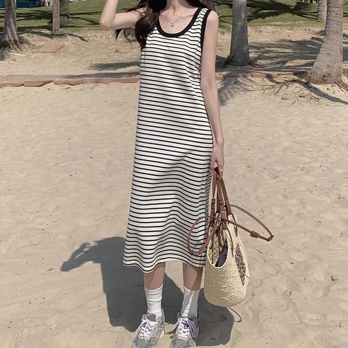 구디프 여성용 스트라이프 라운드 나시 원피스
