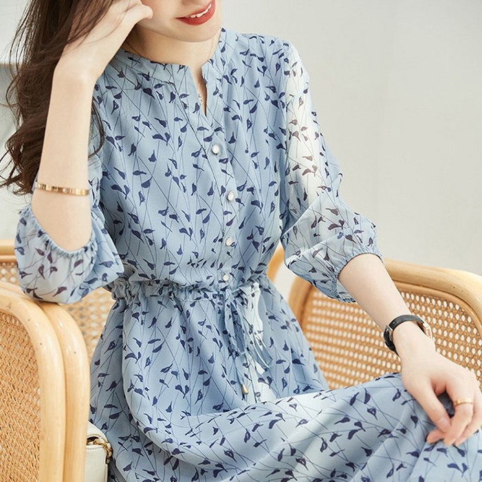POMTOR 여름 여성 블루 쉬폰 플라워 원피스 하객룩 원피스 POMTOR 여름 여성 블루 쉬폰 플라워 원피스 하객룩 원피스