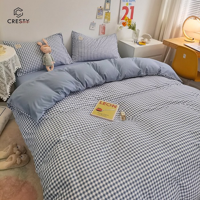 크레스티 홈 프리미엄 구름 면 편안한 체크 이불커버 부드럽고 사계절 침구 4종 세트