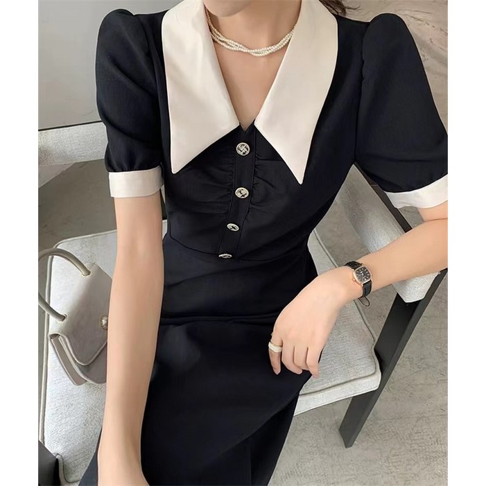 베이직 프렌치 카라넥 배색 키작녀 롱원피스