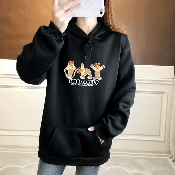 스타일아유 여성 기모 후드 곰돌이 레터링 티셔츠 맨투맨