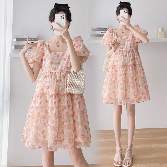 여름 임부 미니 원피스  꽃무늬 프린트 공주 소매 쉬폰 원피스 시원하고 우아한 스타일 JS