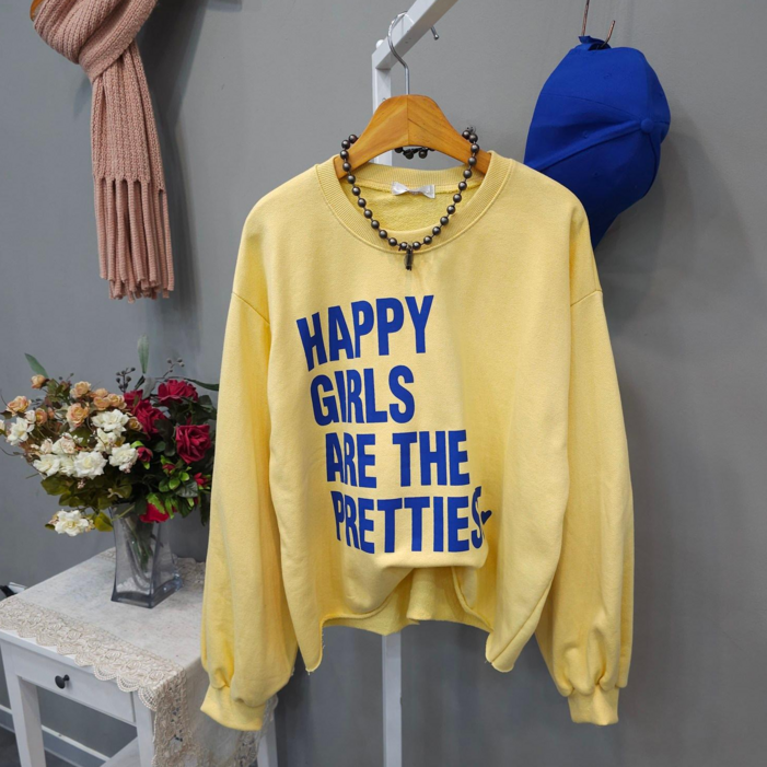 여성용 오버핏 라운드넥 면100 데끼 나염 퍼프소매 맨투맨