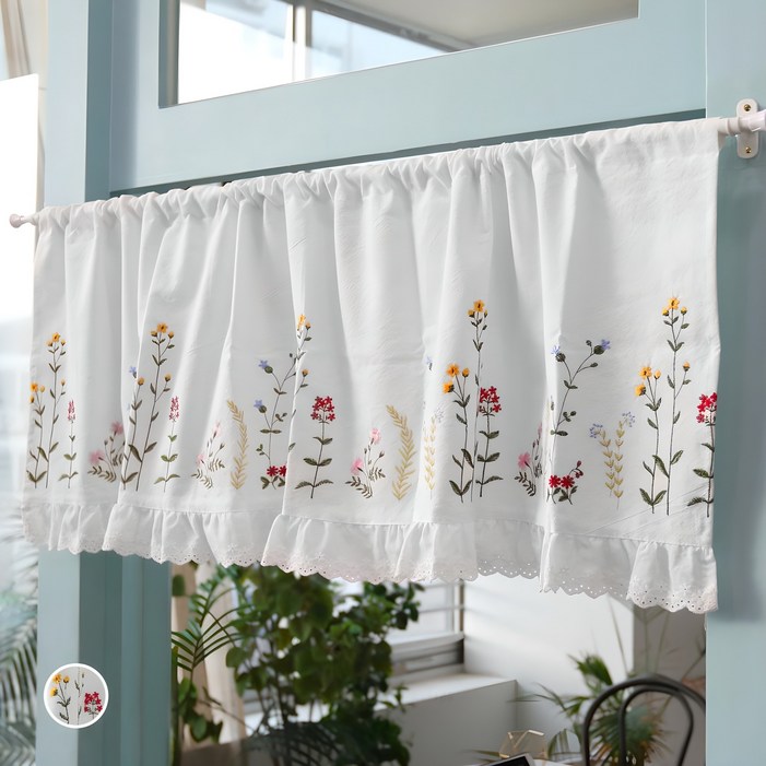 우리앤데코 앨리너 자수 레이스 주방 바란스 가리개커튼