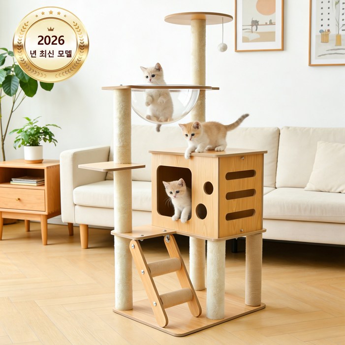 스페이스 캡슐 & 스크래처 기둥 프리미엄 캣타워, 원목 소형 캣하우스, 튼튼하고 조립 간편, 실내 고양이 놀이용