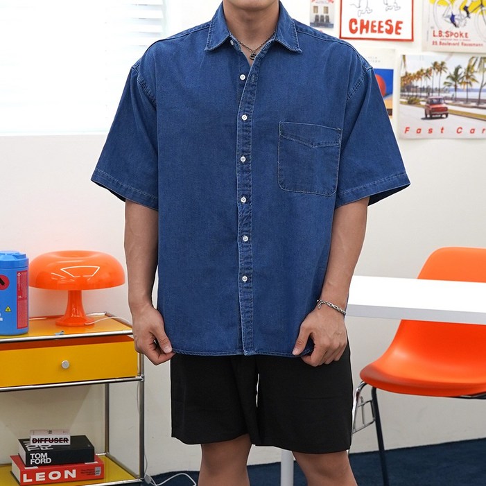 워너빅 남자 오버핏 청남방 데님 여름 빅사이즈 반팔 셔츠