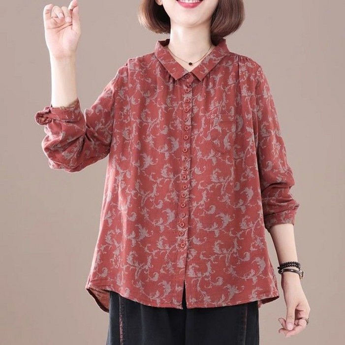 중년여성 긴팔 셔츠 봄가을 엄마 루즈핏 빅사이즈 코트 상의 캐주얼 기질 순면 남방 WMY