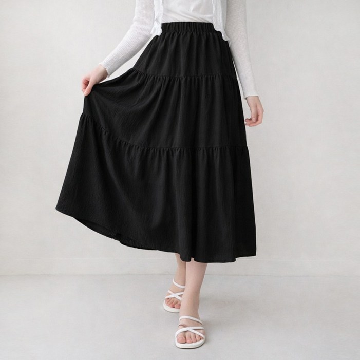 2Color 밴딩 캉캉 롱스커트  여성용 A라인 허리밴딩 주름 플레어 속치마내장 비침 걱정 없는 소프트 하체커버 스커트 활용성 좋은 치마 긴치마  DB4011