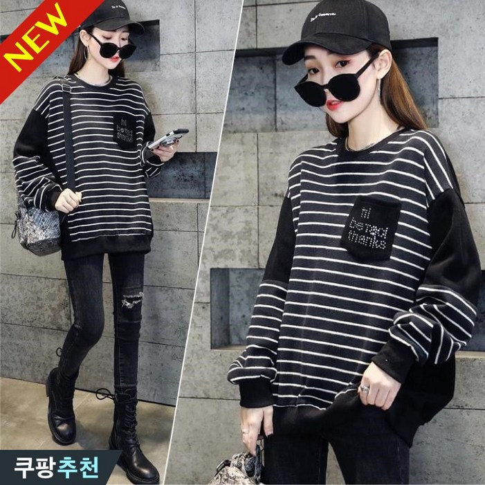 50%할인! 150kg까지 빅사이즈 여성 스트라이프 이어붙이다 포켓 봄 가을 편한 패션을 디자인 인스 하라주쿠 바람 라운드넥 루즈핏 박스 데일리 오버핏 캐주얼 88 베이직 맨투맨티