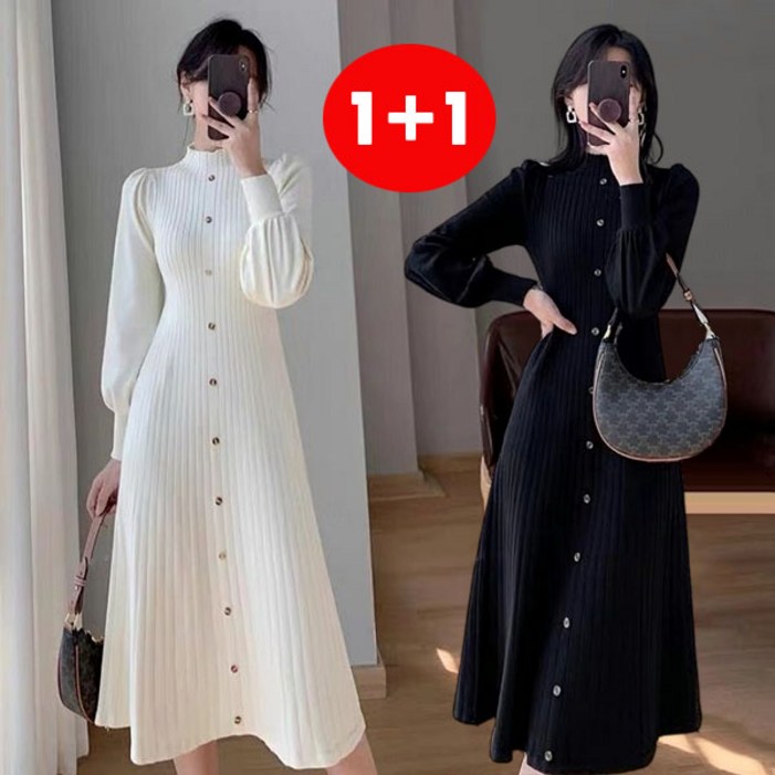 AOUGK 11 여자 반폴라 니트 원피스 골지 롱 니트 가디건 슬림핏 겨울원피스 퍼프소매 롱원피스