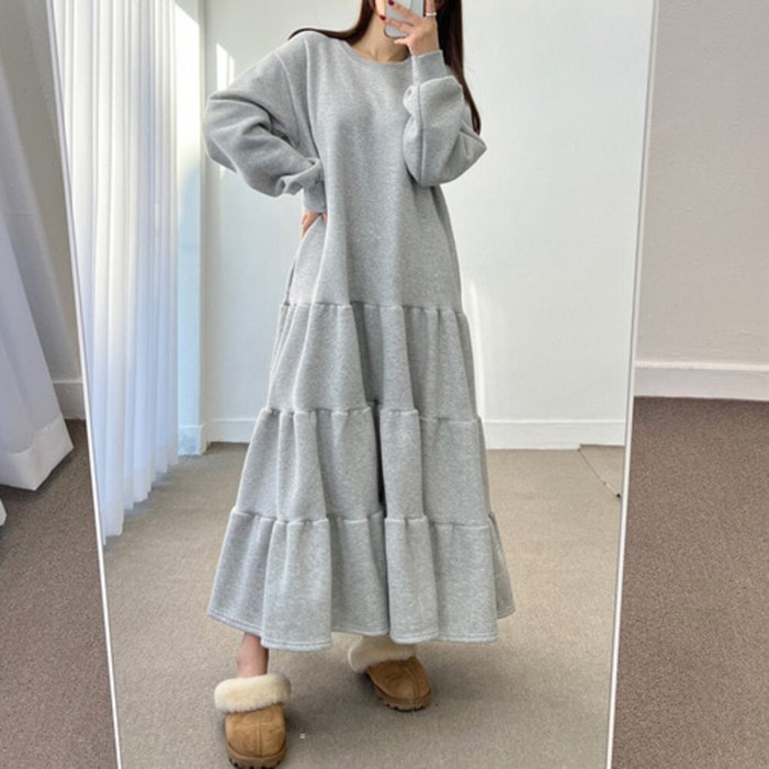 기모 러브러브 오버핏 캉캉 라운드넥 티어드 맨투맨 롱 원피스 3color