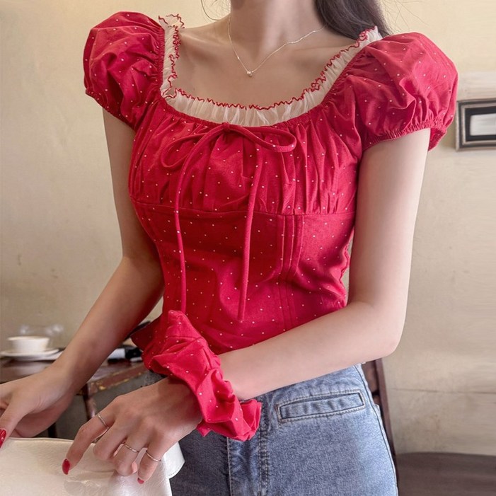 떳다그녀 스칼리브 도트 퍼프소매 곱창밴드 세트 레이스 반팔 머리끈 스크런치 세트 크롭 블라우스