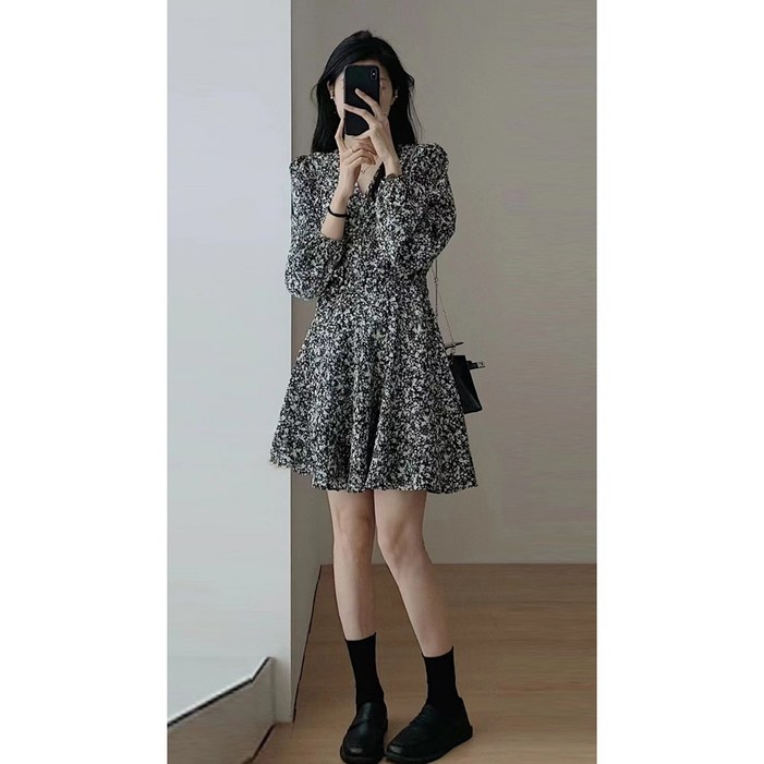 채윤러브 여성 긴팔 랩스타일 퍼프소매 플라워 원피스 CY0386A
