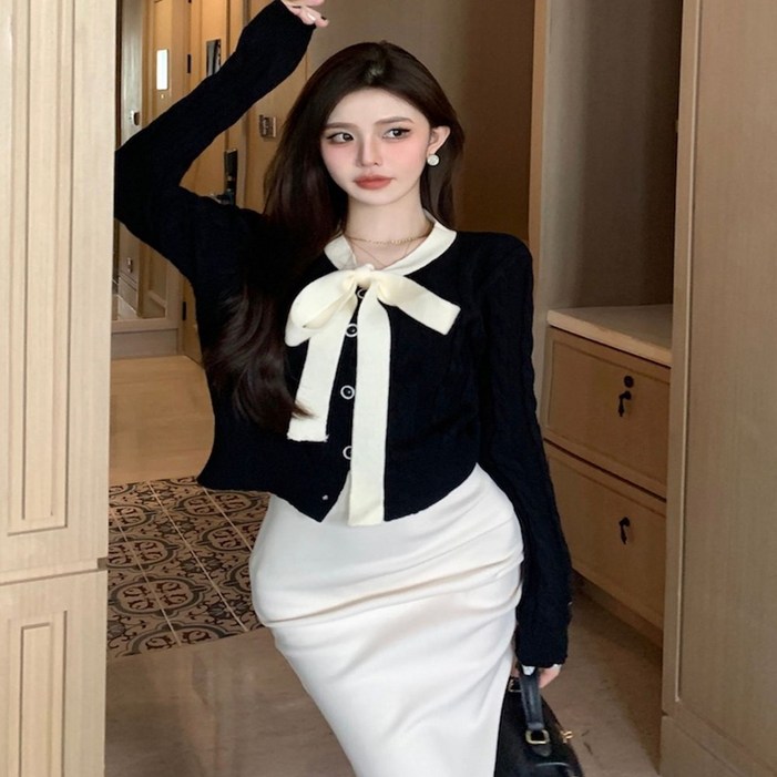 여성 여자 봄 가을 여신 리본 꽈배기 니트 가디건