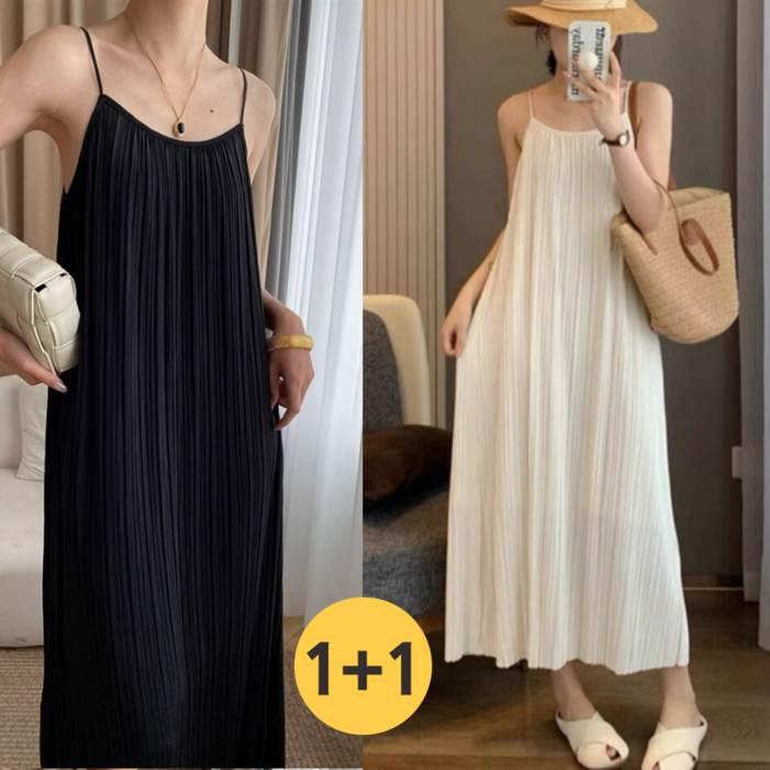 쁘띠엘라 찰랑스판 플리츠 끈나시 롱 원피스 휴양지 뷔스티에 2p