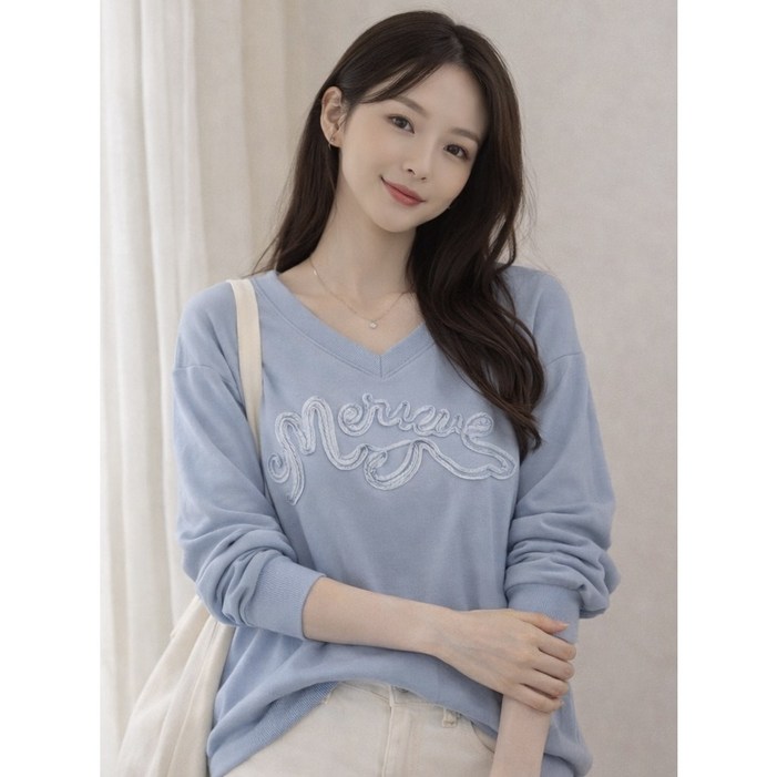 메리브 여성 캣 브이넥 레터링 자수 봄가을 데일리 쭈리 맨투맨 루즈핏 긴팔티셔츠 2color