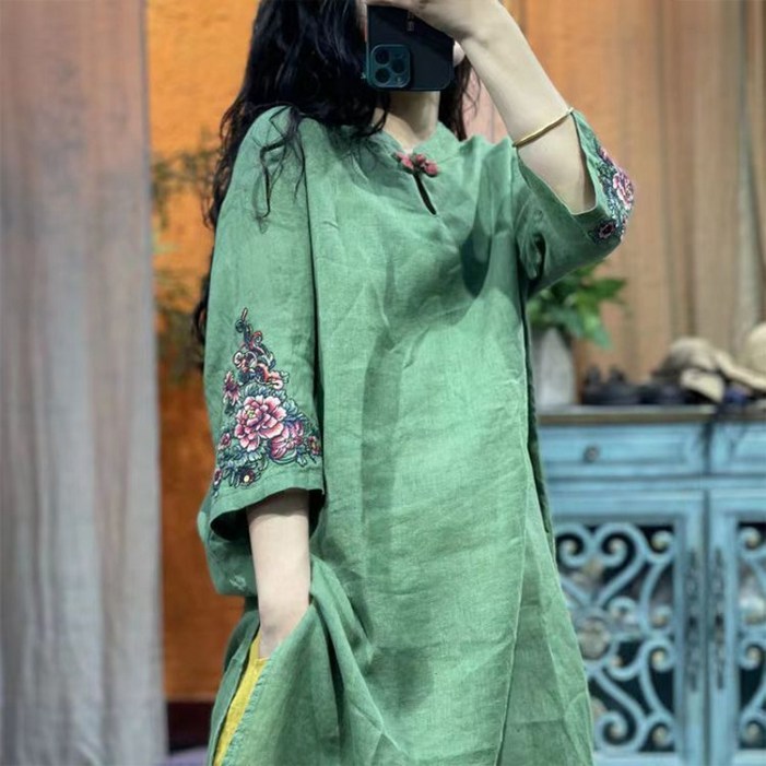 미중 여성 여름 뉴 자수 린넨 미디엄 5부 라운드넥 박시 원피스 Tyf