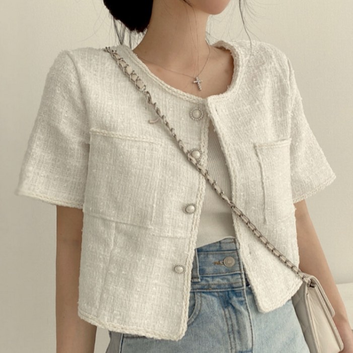 지니우우 라운드넥 여성 여름 트위드 크롭자켓 J0113A