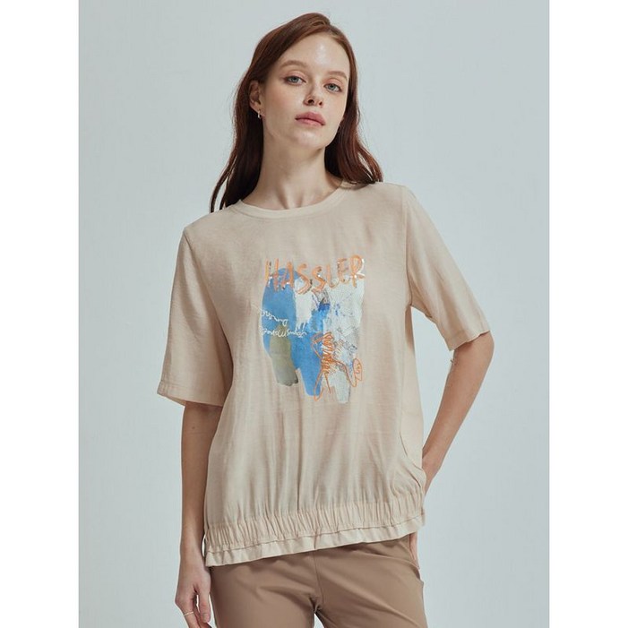 올리비아하슬러 베이지 로고 자수 프린팅 티셔츠 OHCMTS103
