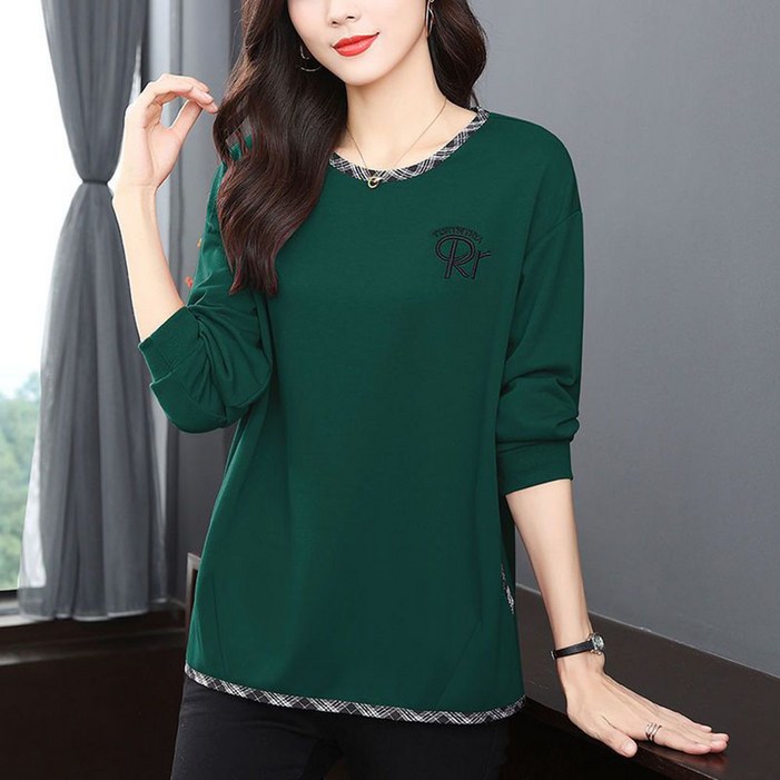 ROYALBELLE 여성 하프기장 라운드넥 빅사이즈 티셔츠 중년 엄마 루즈핏 자수 티셔츠 J082818