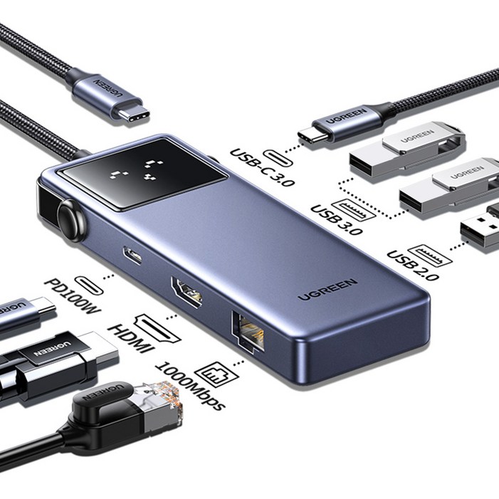 UGREEN 유그린 Uno 5 포트 10Gbps C타입 멀티 허브 4K60Hz HDMI 지원 스마트 이모티콘 상태 표시의 다포트 허브, 1개