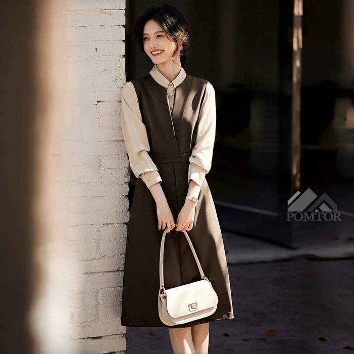 POMTOR 여성 A라인  패치워크 디자인 긴팔 원피스  하객원피스 피로연원피스