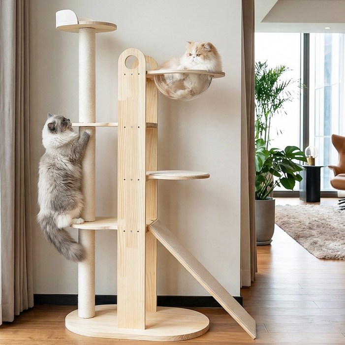 더따슴 젤리클 대형 원목 캣타워 6단 고양이 클라이밍보드 투명해먹 포함, 1개, 단일 색상