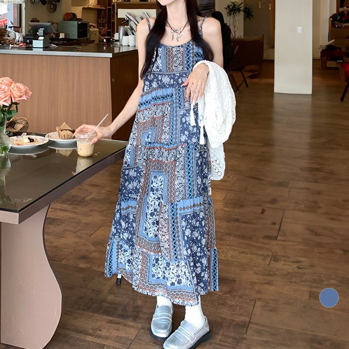 라라벨 여성용 원피스 끈 나시 에스닉 A라인 스트랩 보헤미안 휴양지 롱 원피스