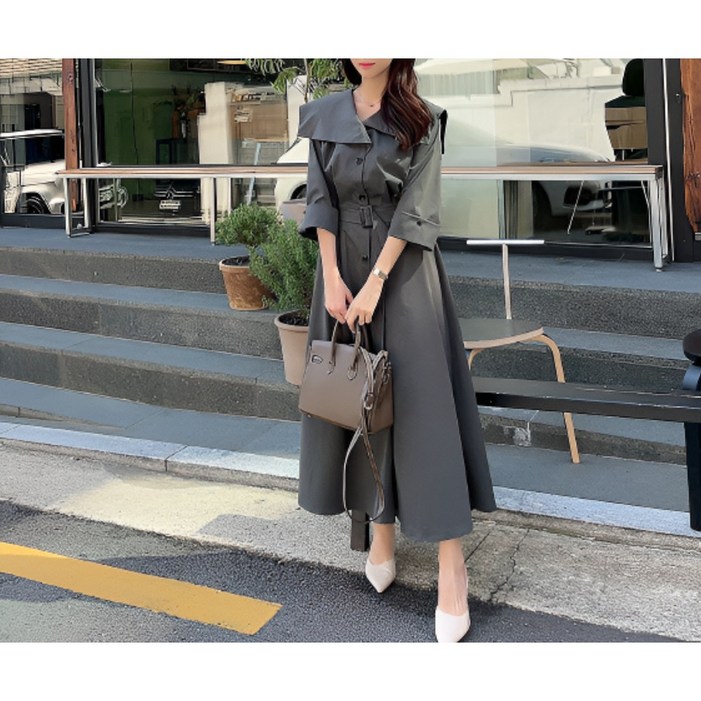 퀸즈샵 여성 간절기 벨티드 트렌치 정장 원피스 여자 하객룩 빅사이즈 바바리 벨트 봄 가을