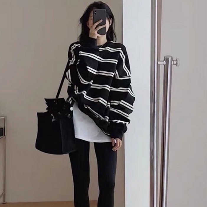 SAHINER 여성 봄 스트라이프 루즈핏 맨투맨 심플 AWY19