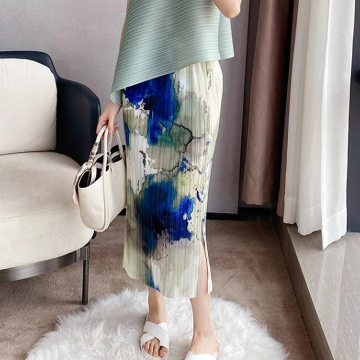 아뗄릭 빅사이즈 컬러풀 나염 트임 미디 스커트 14263