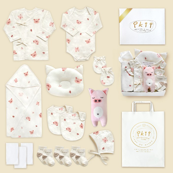 ikii 유아용 오가닉 배냇저고리 긴소매 15종 출산 선물세트 선물포장  쇼핑백
