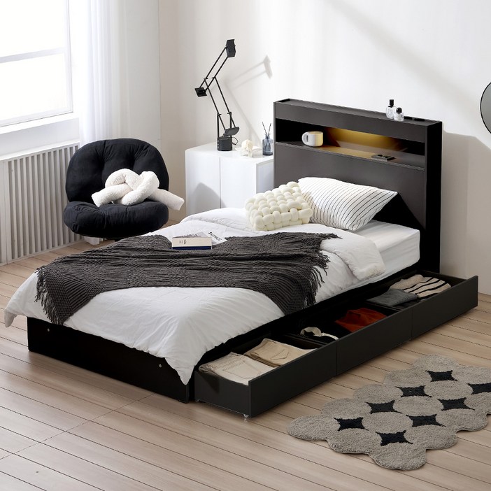 트리플 LED 수납 침대 프레임  파워 본넬 양면 매트리스 세트 방문설치, 블랙프레임, 화이트매트리스