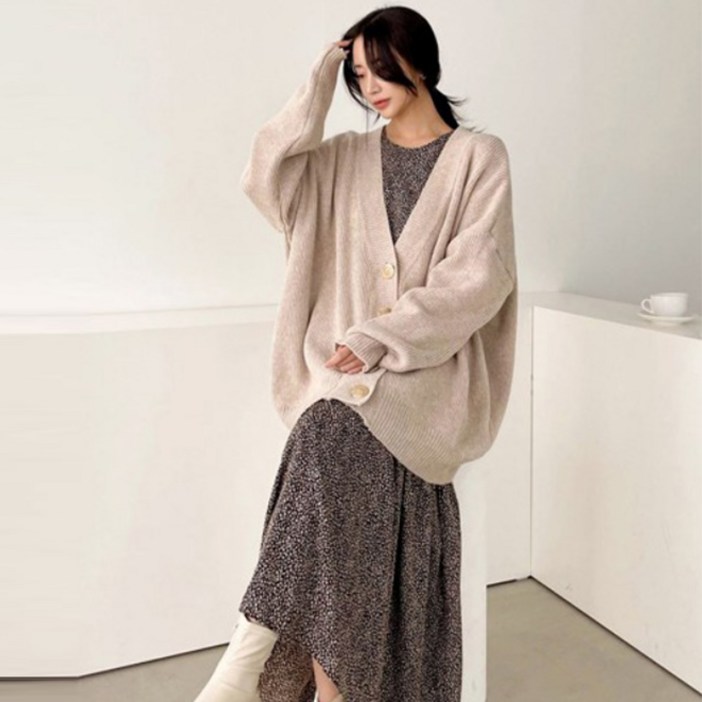 뜨개진 여성용 램스울 오버핏 골지 빅 클로에 박시 가디건