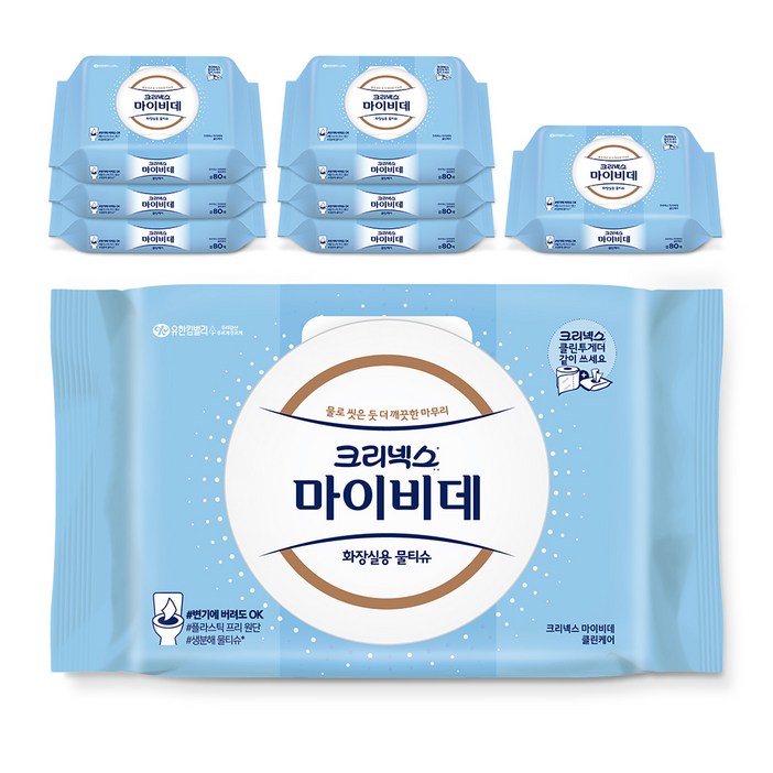 마이비데 클린케어 화장실용 물티슈 캡형, 80매, 8개
