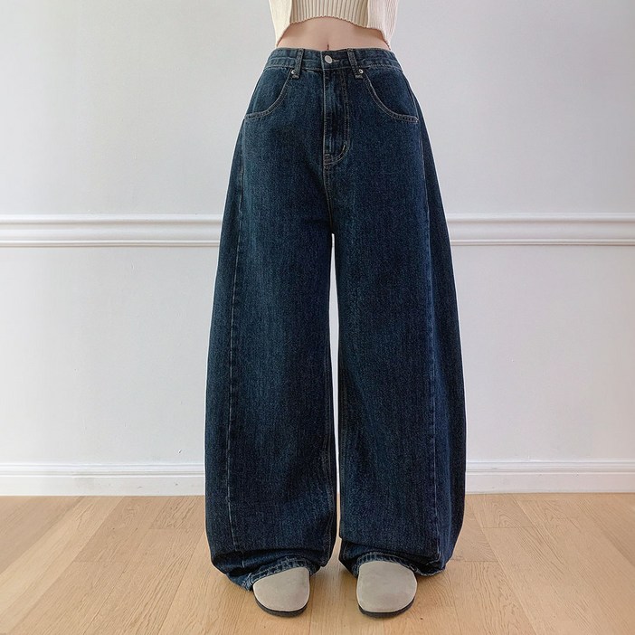 플랜데이 여성용 숏미디움롱 기장 에즈 절개 워싱 와이드 데님 팬츠